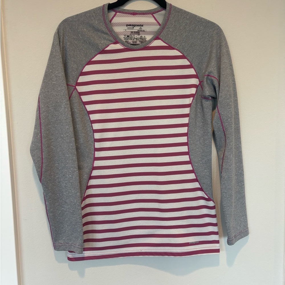 Patagonia Gray and Pink Capilene Midweight Striped Long Sleeve Tee 184 Sale